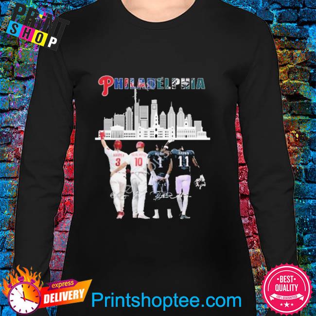 Philadelphia skyline philadelphia phillies and philadelphia eagles  signatures 2022 shirt, hoodie, sweater, long sleeve and tank top