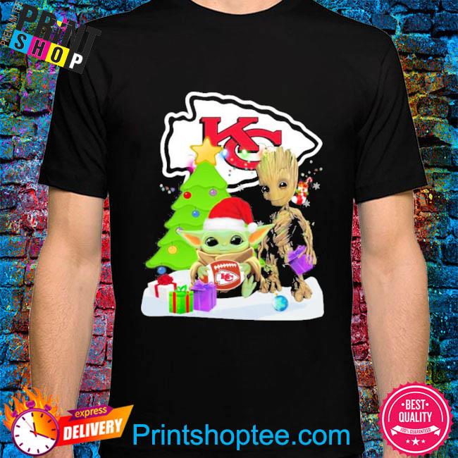 Santa Groot and Baby Yoda Hug Kansas City Chiefs Snow Christmas Tree 2022 T-Shirt