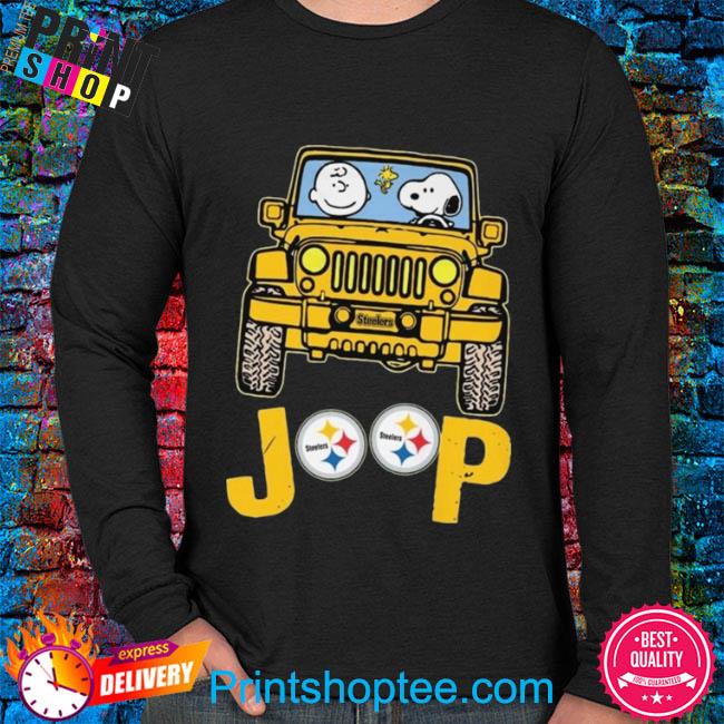 Peanuts charlie brown snoopy and Woodstock jeep Pittsburgh steelers shirt,  hoodie, sweater, long sleeve and tank top